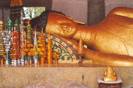 The Buddha always reclines on his right side. Some say that this prevents putting an extra strain on the heart.