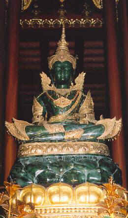 Around 1990, a Chinese artist created this near replica of the original Emerald Buddha, now in Bangkok. Both statues are actually jade.