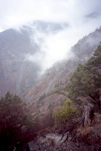 You can see the road cut into the steep slopes.