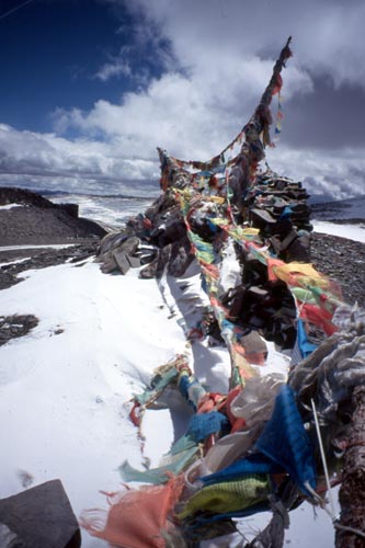 Prayer flags take a beating in this land of snow and rock.