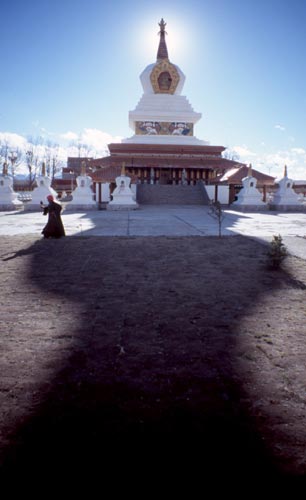 You can see the small prayer wheel in the hand of the worshipper.