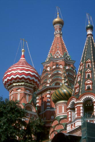 St. Basil's Cathedral lies across Red Square from the Kremlin.