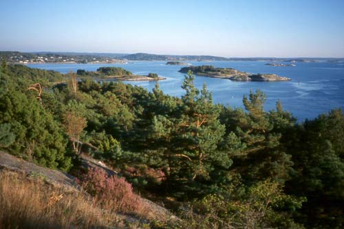 View from the approach to the Tjornbron, a tall suspension bridge